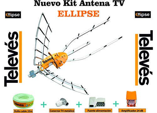 Kit Creado por TECNOVOZ de la Marca Antena TELEVES HD 148922 (Corte 700 MHz ch 21-48) con Amplificador 561601+ Fuente de Alimentacion para el Previo +20MT Cable +Conectores de Antena Tipo F Y CEI 