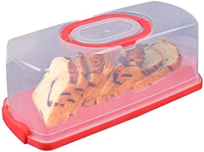 Portable Bread Box with Handle Loaf Cake Container Plastic Rectangular Food Storage Keeper Carrier 13inch Translucent Dome for Pastries, Bagels, Bread Rolls, Buns or Baguettes (Red)