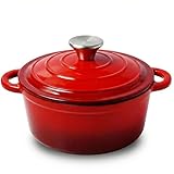 Cocotte en fonte - 2 l - Diamètre : 20 cm - Avec couvercle - Passe au four jusqu'à 260 °C - Passe au lave-vaisselle - Idéale pour les ragoûts et les rôtis - Rouge