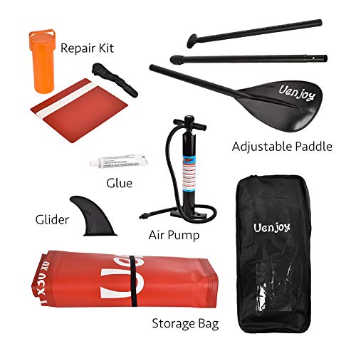 Uenjoy 11\' Inflatable Stand Up Paddle Board (6 Inches Thick) Non-Slip Deck Adjustable Paddle Backpack,Pump, Repairing kit, Red