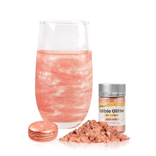 Dazzjoy Rose Gold Edible Glitter for Drinks, Food Grade 7g, Shimmer Dust Powders for Cake Decorating, Cocktail, Cupcake, Cookies, Rum