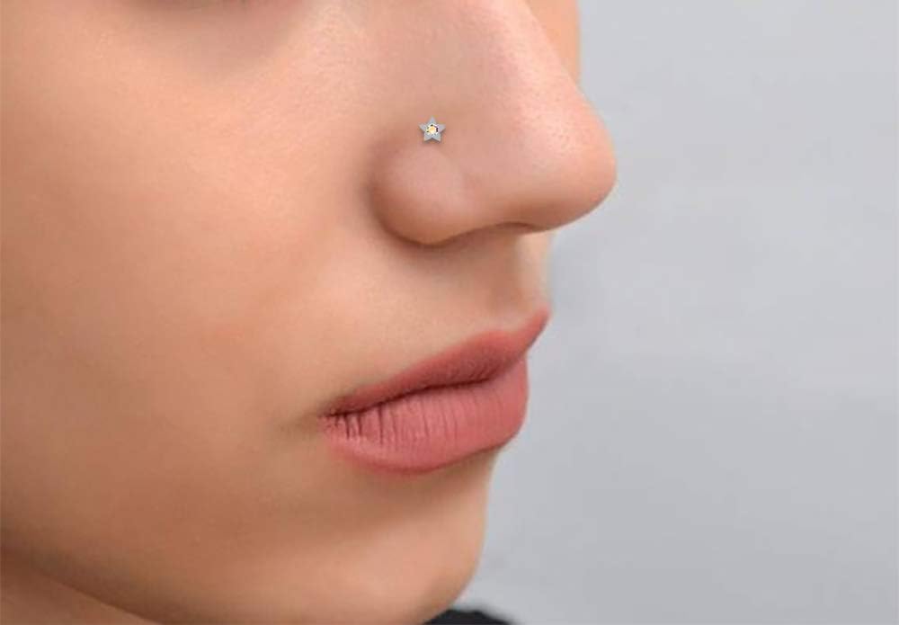 Crystal Stone Flat Star Design 22 Gauge 925 Sterling Silver Ball End Nose Pin - Nose Stud - Tiny Nose Ring - Nose Piercing Body Jewelry