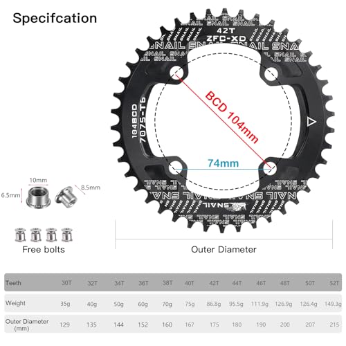 CYSKY Fahrrad Kettenblatt 104 BCD 30T 32T 34T 36T 38T 40T 42T 44T 46T 48T 50T 52T Schmale Breite Single Runde Kettenblätter mit Kettenblattschrauben für E-Bike Rennrad Mountainbike (Schwarz, 42T)