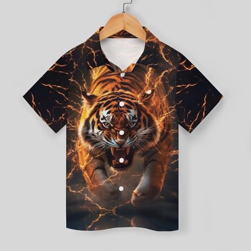 Boys Cool Tiger Print Casual Button Down Short Sleeve Hawaiian Shirt with Chest Pocket3