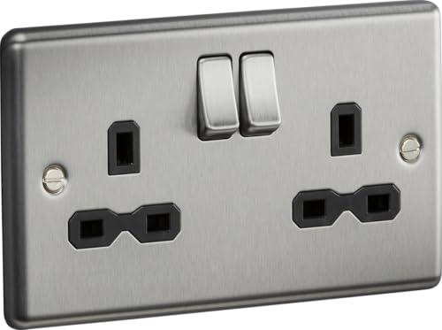 Image of 13A 2G DP Switched Socket with Black Insert - Rounded Edge Brushed Chrome