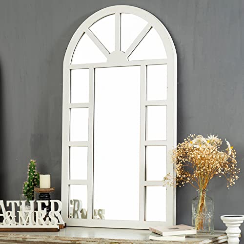 Rustic Wooden Arched Window Mirror 24" X 40", Hanging Distressed White Decorative Window Mirrors For Wall Decor, Vintage Window Pane Mirror, Farmhouse Wall Mounted Mirrors For Living Room Christmas #TOP3