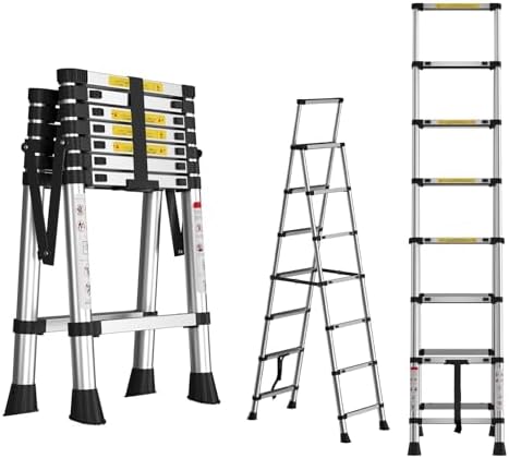 Telescoping Ladder, 6+7 Step Aluminum Extension Ladder Lightweight Collapsible Ladder, Multi-Purpose Ladder, 330lb Load Capacity, Closed Size 28in, for RV, Loft, Attic, Home, Silver EN131