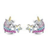 925 Sterling Silver Unicorn Stud Earrings with Star Crystal, Unicorn Jewelry Birthday Gifts for Girl