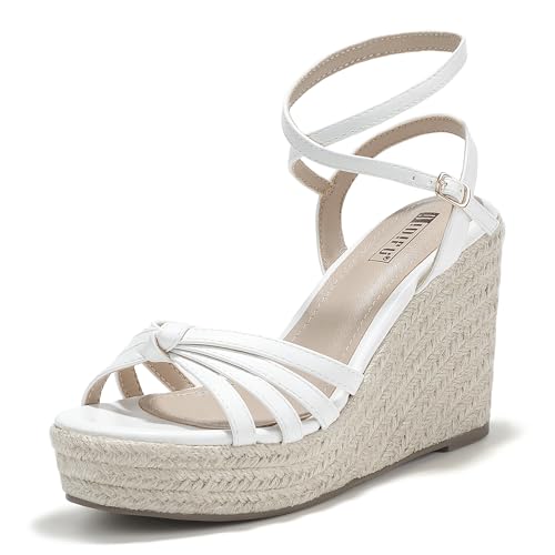 IDIFU IN4 Wedge Sandals for Women Espadrilles Ankle Strap Platform Wedges Heels for Women Wedding Bridal Ladies Wedge Sandals Comfortable Summer Dressy Sexy Strappy Wedge Shoes
