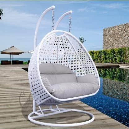 Image of OMANSH Double Seater Swing Chair with Stand & Cushion & Hook Outdoor || Indoor || Balcony || Garden || Living Room (White-Grey)