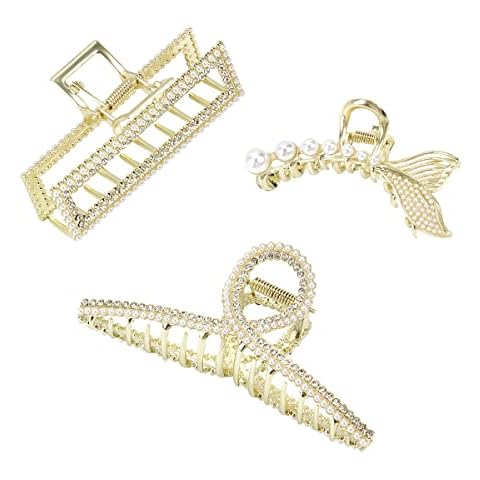 BELICOO Metal Hair Claw Clips, 3Pcs Large Metal Claw Clips Hair Clip Strong Hold Hair Claw Clips, Hair Claw Clips Accessories for Women and Girls (Gold Pearl) Cover