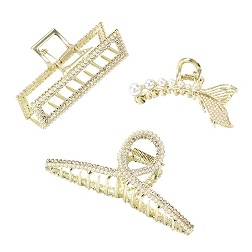 BELICOO Pinza para el pelo de metal, grandes pinzas para el pelo de plátano, sujeción fuerte, pinzas para el pelo, pinzas para el pelo (oro perla 3 unidades)