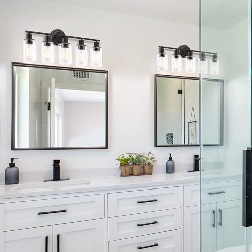 Image of 5-Light Oil Rubbed Bronze Bathroom Vanity Light Over Mirror, Oil Rubbed Bronze 5-Bulb Wall Sconce Above Kitchen Sink, Brown Wall Sconce for Bathroom Vanity