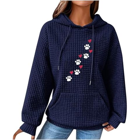 Women's Hoodies & Sweatshirts, Ladies Jumpers Classic Drawstring Sweatshirt with Pockets and Hood Long Sleeve Tops Dog Paw Printed Sweater Casual Waffle Hooded Pullover Comfy Loose Fit Coats S-5XL Cover