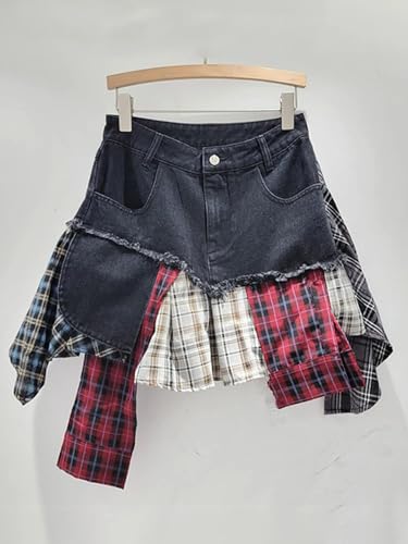 Women's Denim Skirt Patchwork Asymmetric Plaid Irregular High Waist Design Mini Skirts3