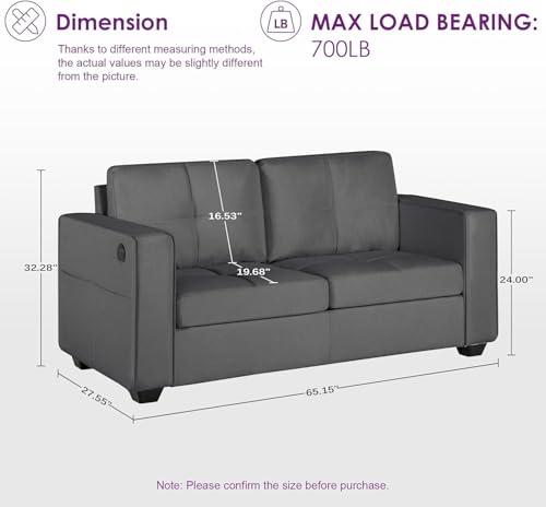 Image of 65 inch Grey Loveseat Sofa, Small Couch with USB and Wide Arms for Living Room | TYBOATLE, Small Love Seat Couch, 2 Seater Sofa, Tufted Mid-Century Design, USB Charging, Wide Arms, Bedroom, Dorm, Apartment