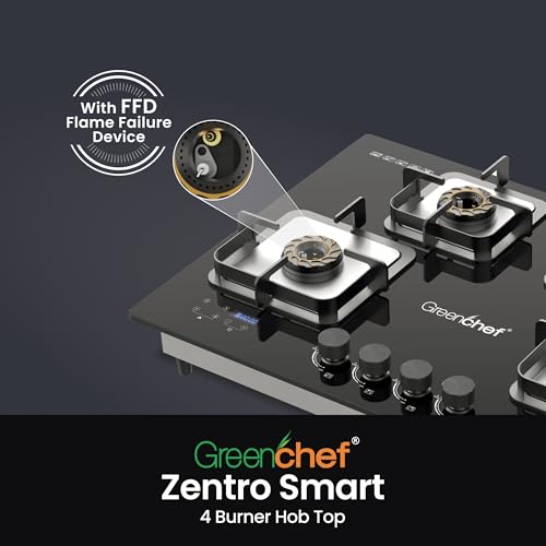 Image of Greenchef Zentro Smart Four burner Glass Hob Top| Digital timer| Featured with Flame failure| Black Color| High efficiency tornado Burners| Dual Purpose hob(Built In Or Counter top)