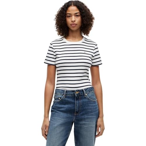 Tommy Hilfiger Slim Cody C-Nk SS Ww0Ww40587, Maglietta a Maniche Corte, Donna, Bianco (Breton/ECU/Dark Night Navy), XL