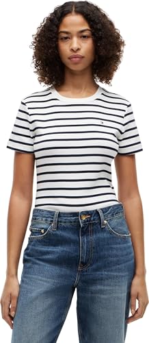 Tommy Hilfiger Donna T-Shirt Maniche Corte Slim Cody Scollo Rotondo, Multicolore (Breton/ECU/Dark Night Navy), M