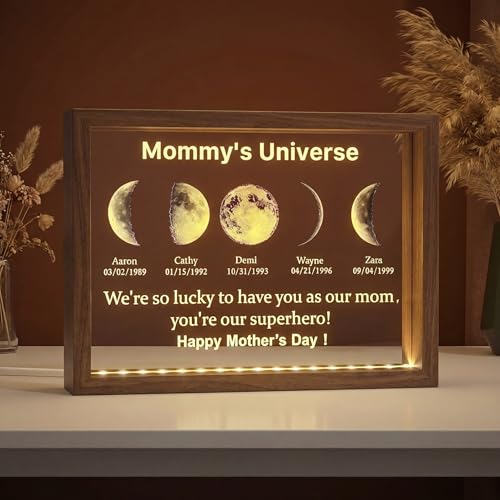 Personalized Mommys Universe Moon Phase Night Light Custom Moms Sky LED Light Frame with Kids Names & Birthdates Moon Phase Picture Frame Mothers Day Moon Phase Gift The Day You Became Our Mom