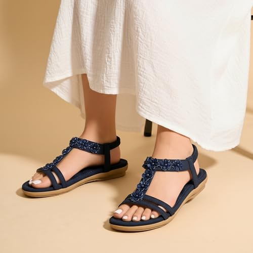 Image of HARENCE Summer Flat Sandals for Women: Comfortable Bohemian Beaded Flats Shoes Elastic Ankle Strap Casual Walking Slip On Dress Sandal