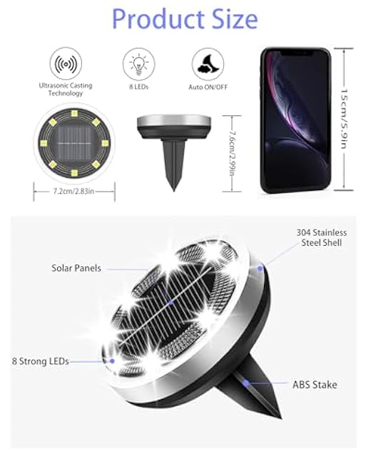 Solar Lights Outdoor Waterproof, 8 Pack 8 LED, Thickened Stainless Steel Ground Light, Solar Garden Lights Landscape Lighting for Patio Pathway Lawn Yard Deck Driveway Walkway, Cool White