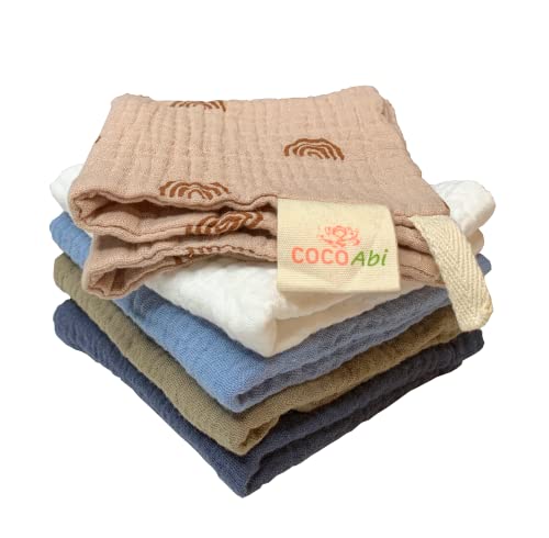 Image of COCOAbi 100% Muslin Baby Washcloth Set in Labradorite | Boho Colors and Pattern in a Soft 5pc Toddler Washcloth Set | 9" x 9" Bath Cloths