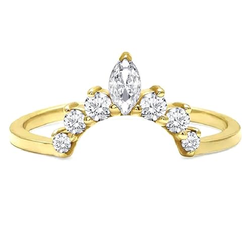 Marquise & Round Cut Alternate White Diamond Contour Crown Ring For Women, 14K Yellow Gold Plated 925 Silver April Birthstone Diamond Crown Chevron Wrap Matching Wedding Band