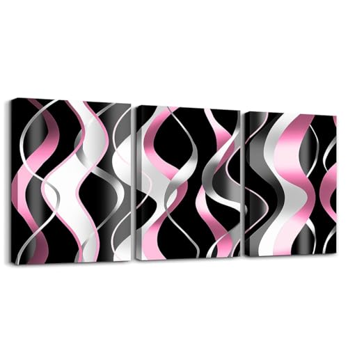 Feelyou Kids Pink Gray Black Picture Wall Decor Geometric Stripes Canvas Wall Art for Living Room Abstract Lines Art 3 PCS Wall Painting Boys Girls Geometrics Room Decor 12x16 inch 3 Piece