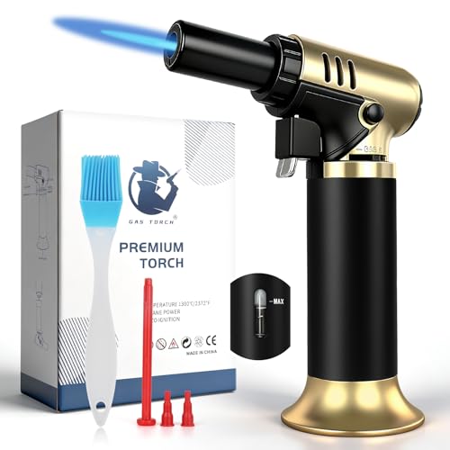 Navpeak Kitchen Blow Torch, Refillable Lighter Jet Flame with Continuous Flame Lock, Flame Control & Base Stand for Welding, Baking, Creme Brulee, Industrial,Gold Color (Butane Not Included)