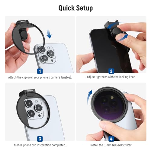 Image of NEEWER 67mm Clip On Variable ND Filter Kit with Cold Shoe Phone Clip, Adjustable ND2-32 Filter Compatible with iPhone 17 16 15 Pro Max Plus Android Samsung Galaxy S24 S25 Ultra
