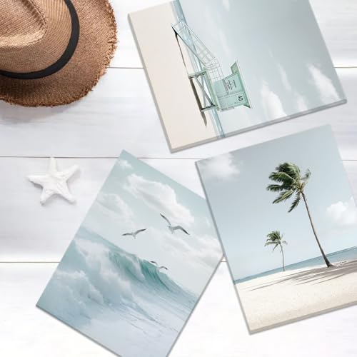 Image of CHDITB Beach Canvas Wall Art, Coastal Palm Tree Surfboard Wall Decor, Ocean Wave Seagull Artwork, Minimalist Surfing Pictures, Tropical Beach Prints for Bathroom Living Room seaside Bedroom 8 inchx10 inchx6