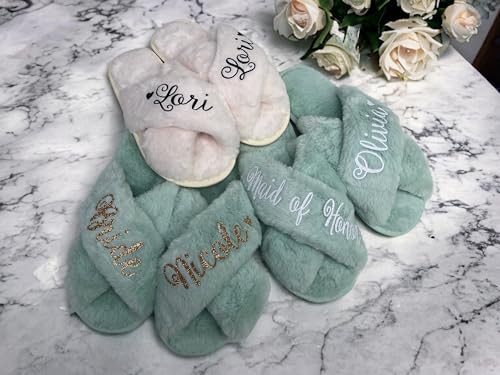 Easter Gift for Woman Girl Friend Bridal Slipper Bridesmaid Customized Gifts for her Bridal Shower Wedding Personalized Bridesmaid Fluffy Bachelorette Fluffy Slide On Girls Night Sleepover Event Preparation Mothers Day Sets4