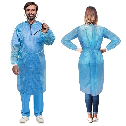 AMZ Medical Supply Blue Disposable Isolation Gown, Large. Pack of 10 Fluid Resistant 45 GSM SMS Disposable Gowns Medical. Breathable Isolation Gowns with Knit Wrists & Long Back Ties