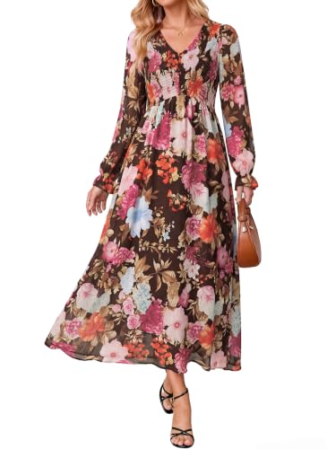 Simplee Womens Long Sleeve Boho Floral Wedding Guest Chiffon Maxi Dress,Coffee M