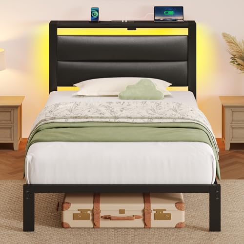Seventable Twin Bed Frame with Upholstered Storage Headboard