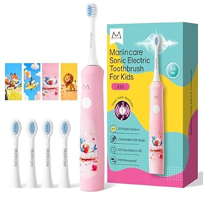 Marlincare Kids Electric Toothbrush with Voice Encourage Make Brushing Fun, Rechargeable Sonic Children Toothbrush Soft Bristles, 120 Days Battery Life, Smart Timer, IPX8 Waterproof, for ages 3+, Pink
