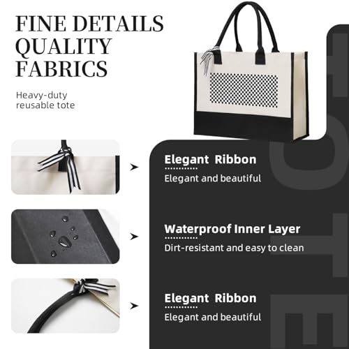 Check Black White Checkered Pattern Checkerboard Eco-Friendly Canvas Tote Bag - Reusable Shopping Bag For Travel, Beach, Gym & Gifts4