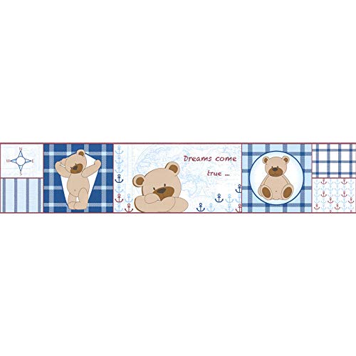 BRICOFLOR Frise papier peint pour chambre d'enfant Frise tapisserie à motif ourson et carreaux Frise murale pour chambre garçon et chambre fille