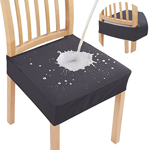 Image of Smiry Waterproof Seat Covers for Dining Room Chairs, No Rear Covers | Stretch Jacquard Removable Washable Chair Seat Slipcovers Protector, Set of 6, Dark Grey
