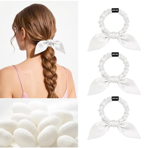 Image of THXSILK 100% Mulberry Silk Bow Scrunchies 3-Pack, 22 Momme Mulberry Silk Hair Ties for Women, Cute Bunny Ear No Damage Ponytail Holders, Fashion Hair Accessories for Girls(S, Pearl White)
