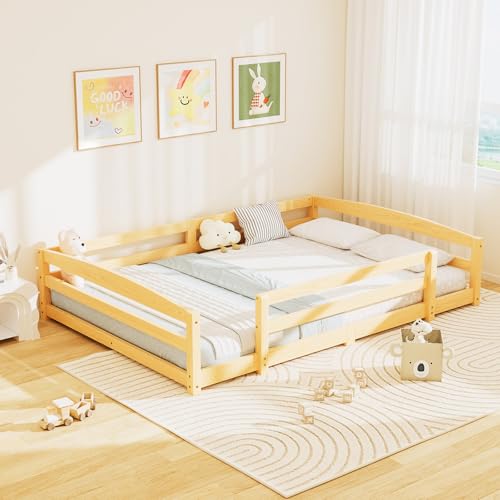 Meulbaty Bodenbett 140×200 cm | Montessori-Bodenbett mit Rausfallschutz und Bettrahmen Kiefernholz massiv 2 Einträge-Design geeignet für Kinder von 13 Jahren Naturholzfarbe