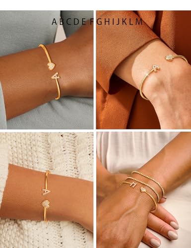 Honsny Gold Initial Bracelets for Women 18K Gold Plated Initial Heart Cuff Bangle Bracelets for Women Non Tarnish Dainty Cute Gold Initial Bracelets for Women Teen Bridesmaid Trendy Gifts Jewelry4