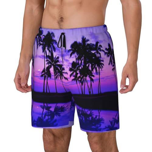Palm Tree Purple Sunset Print Men'S Bwim Trunks Beach Shorts with Compression Liner, Anti-Chafe, Quick Dry2