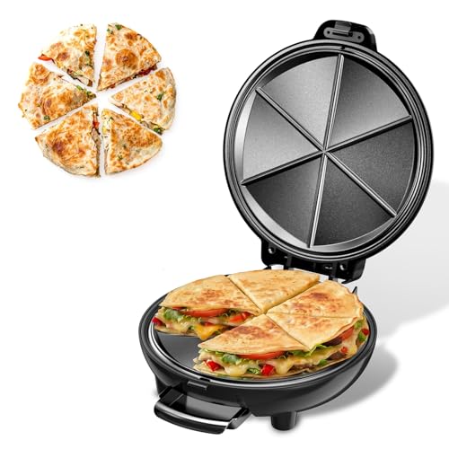 Electric Quesadilla Maker, 9.5'' Quesadilla Press with Easy Slice 6 Wedge, Non Stick Surface, Locking Latch For Extra Stuffing, Grilled Cheese Corn Flour Tortilla Snacks