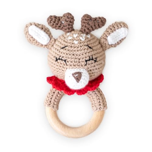 Greifling personalisiert mit Namen - Holz Beißring Baby gehäkelte Tiere -...