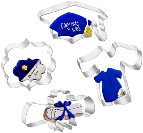 4 Pieces Graduation Cookie Cutters, Stainless Steel Molds Graduation Cap, Gown, Diploma, Medallion Shapes for High School College Parties