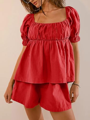 Image of Tankaneo Womens 2 Piece Outfits Summer Square Neck Short Puff Sleeve Babydoll Tops and Shorts Matching Set