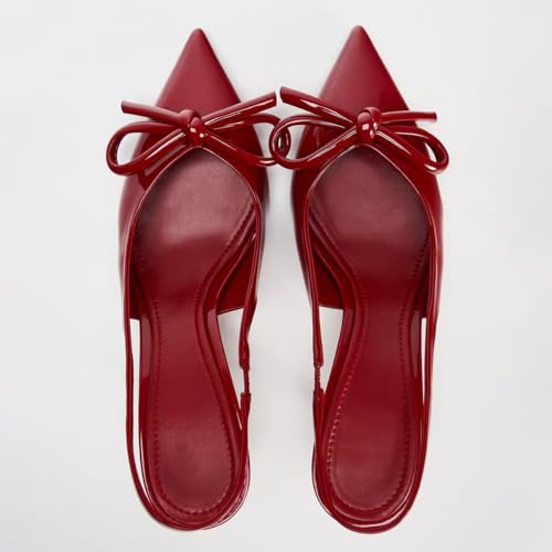Women's Slingback High Heels Mules Faux Patent Leather Pump Bow Detail Buckle Closure Thin Heel Pointed Toe Wedding Party Office Dance Dress Shoes3