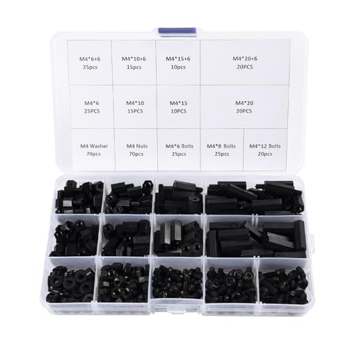350Pcs M4 Male Female Nylon Hex Spacer Standoff Screw Nut Assorted Assortment Kit Threaded Pillar for PCB Circuit Board Motherboard Standoffs Black